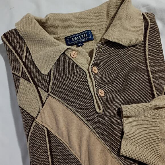 VTG Peletti Lana Collezione 3XL Men's Geometric Tan/Brown Collared Coogie-like - Picture 4 of 11